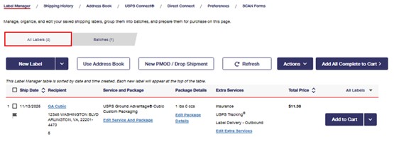 Screenshot of Click-N-Ship Label Manager page. Emphasis is on the "All Labels (11)" tab that is under the paragraph that says "Manage, organize, and edit your saved shipping labels, group them into batches, and prepare them for purchase on this page."
